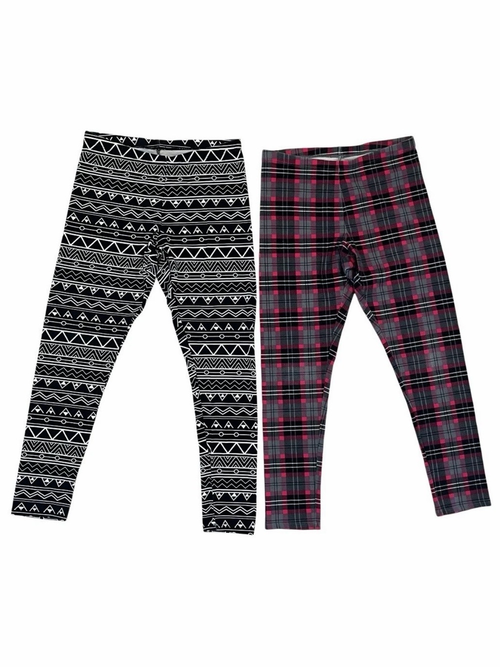 Faded Glory Girls L 10-12 Leggings 2 Pairs Geometric Aztec Plaid Cotton Stretch